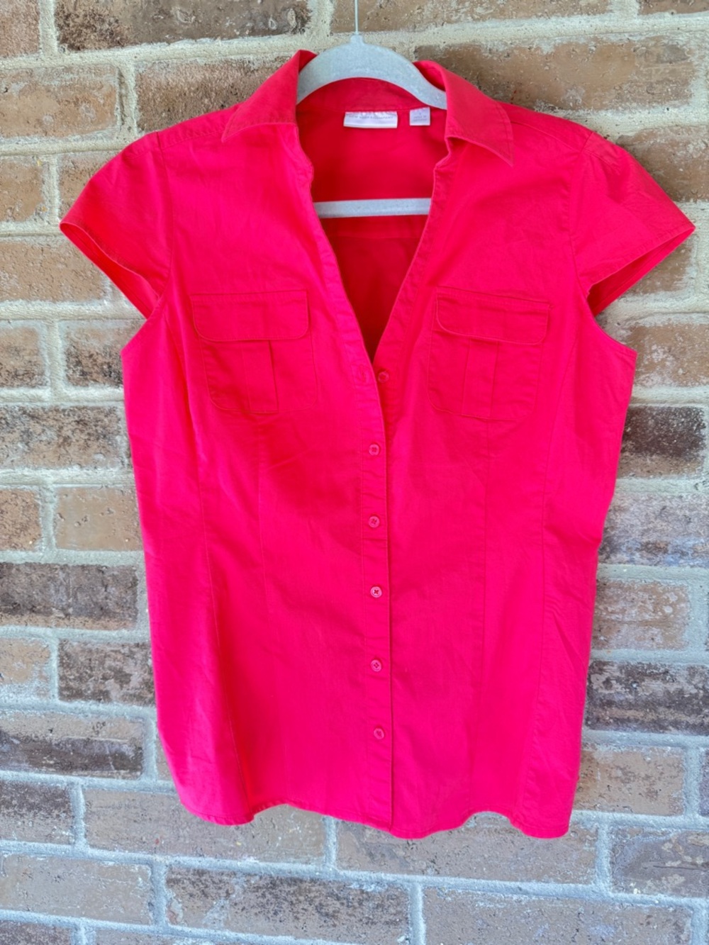 New York & Company Bright Pink Cap Sleeve Button-Down Shirt